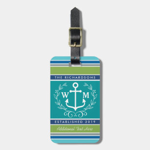 Weddenschap Monogram Anchor Laurel Wreath Aqua Str Bagagelabel