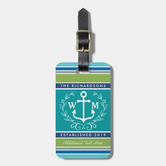 Weddenschap Monogram Anchor Laurel Wreath Aqua Str Bagagelabel (Voorkant verticaal)