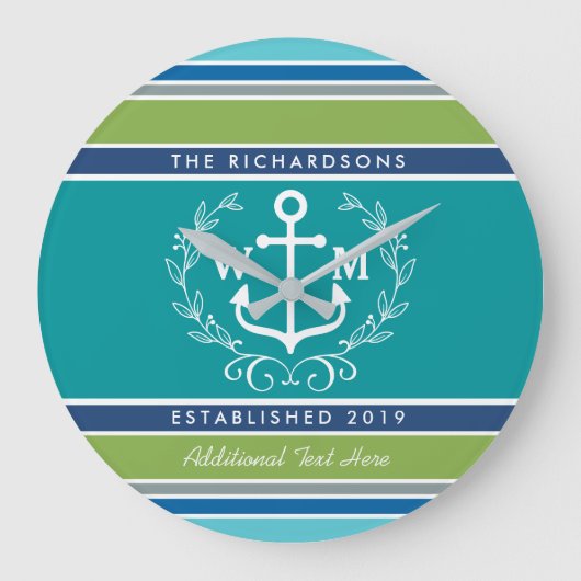 Weddenschap Monogram Anchor Laurel Wreath Aqua Str Grote Klok (Voorkant)