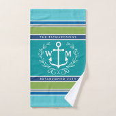 Weddenschap Monogram Anchor Laurel Wreath Aqua Str Handdoek (Handdoek)