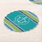 Weddenschap Monogram Anchor Laurel Wreath Aqua Str Kartonnen Onderzetters (Gekanteld)
