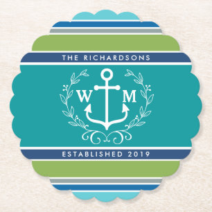 Weddenschap Monogram Anchor Laurel Wreath Aqua Str Kartonnen Onderzetters