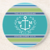 Weddenschap Monogram Anchor Laurel Wreath Aqua Str Zandsteen Onderzetter (Voorkant)
