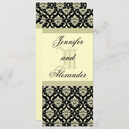 Weddenschap Monogram Black en Ivory Damask Invitat Kaart (Voorkant / Achterkant)