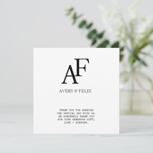 Weddenschap Monogram Black en White Elegant Guest Bedankkaart (Staand voorkant)