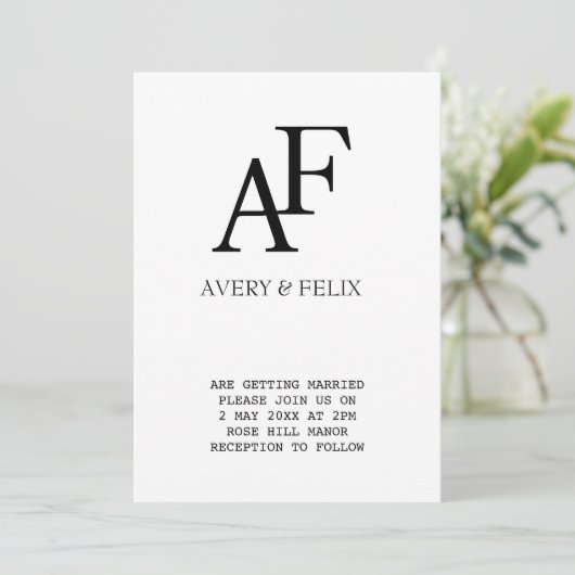 Weddenschap Monogram Black en White Elegant Guest Kaart (Staand voorkant)