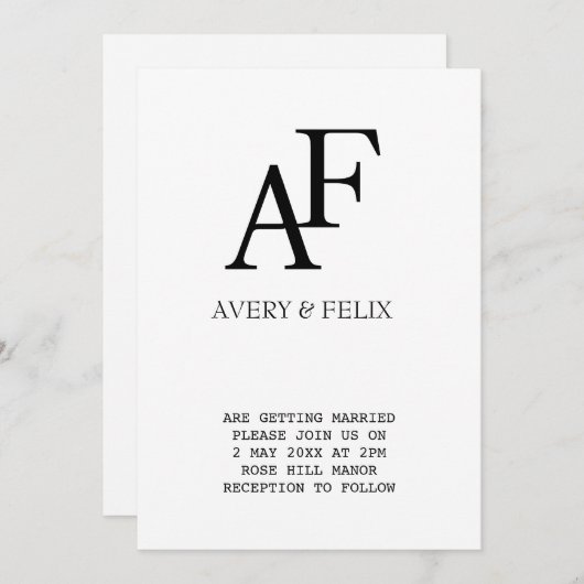 Weddenschap Monogram Black en White Elegant Guest Kaart (Voorkant / Achterkant)