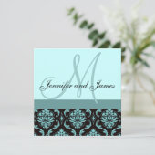 Weddenschap Monogram Blue Damask Kaart (Staand voorkant)