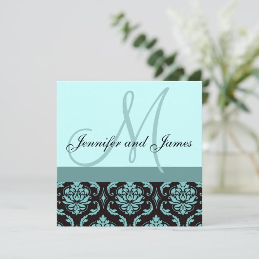 Weddenschap Monogram Blue Damask Kaart (Staand voorkant)