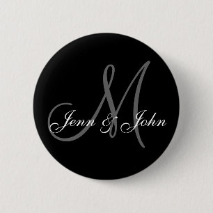 Weddenschap Monogram Bride Groom Names Black Butto Ronde Button 5,7 Cm