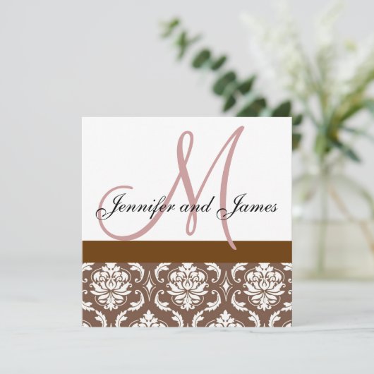 Weddenschap Monogram Bruin Roze Damask Kaart (Staand voorkant)