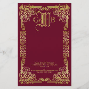 Weddenschap-monogram Classic Gold Lijst Burgundy Briefpapier