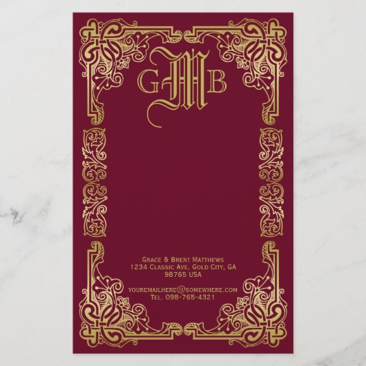 Weddenschap-monogram Classic Gold Lijst Burgundy Briefpapier (Voorkant)