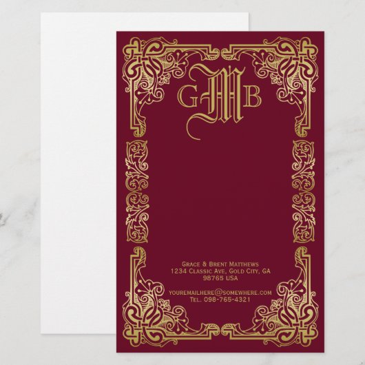 Weddenschap-monogram Classic Gold Lijst Burgundy Briefpapier (Voorkant / Achterkant)