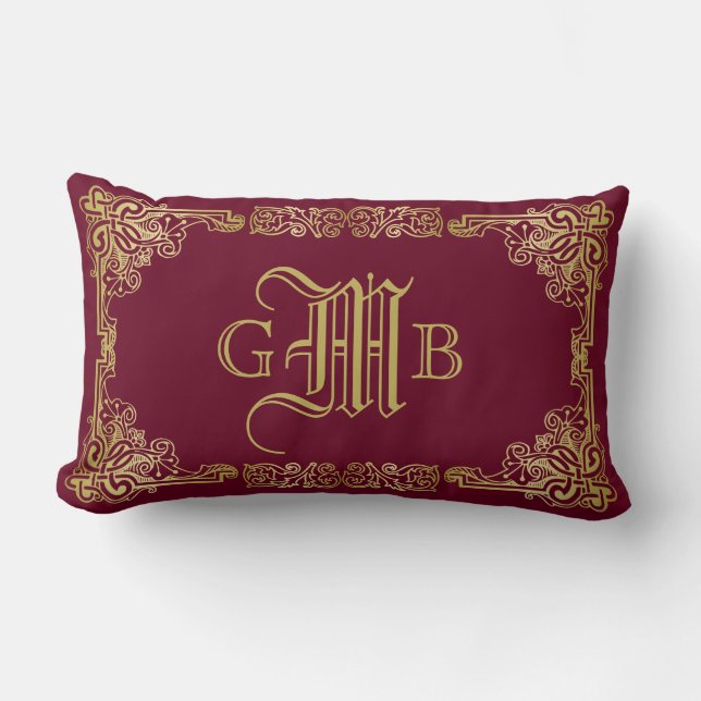 Weddenschap-monogram Classic Gold Lijst Burgundy Kussen (Voorkant)
