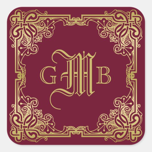 Weddenschap-monogram Classic Gold Lijst Burgundy Vierkante Sticker (Voorkant)