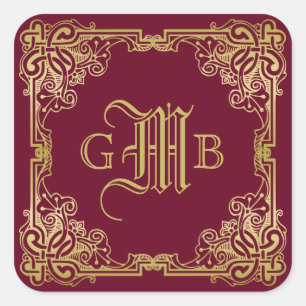 Weddenschap-monogram Classic Gold Lijst Burgundy Vierkante Sticker
