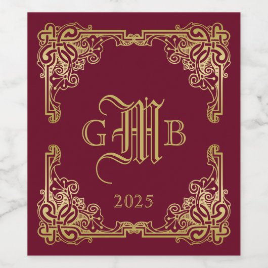 Weddenschap-monogram Classic Gold Lijst Burgundy Wijn Etiket (Enkel label)