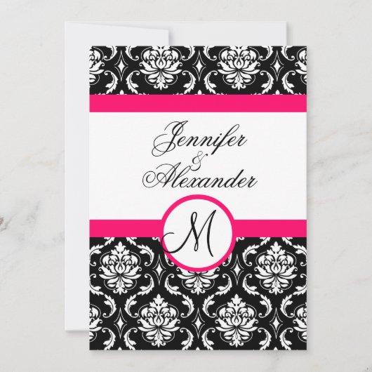 Weddenschap Monogram Damask Hot Pink Invitation Fr Kaart (Voorkant)