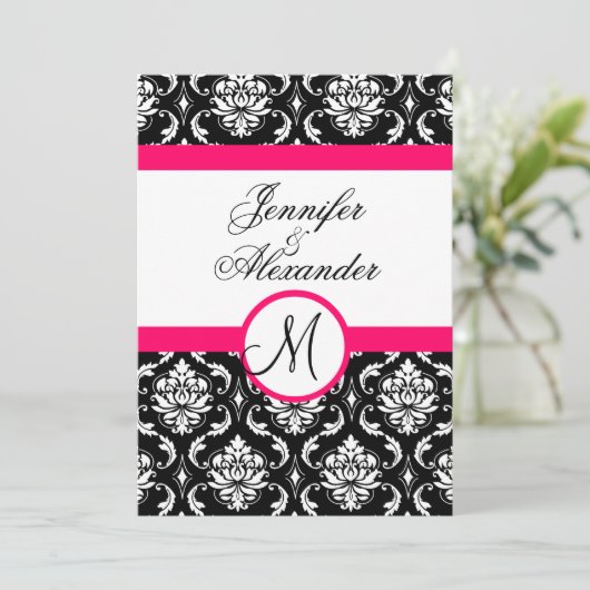 Weddenschap Monogram Damask Hot Pink Uitnodiging t (Staand voorkant)