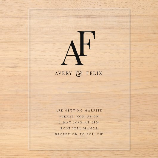 Weddenschap Monogram Elegant Simple Minimalist Acryl Uitnodigingen (Voorkant)