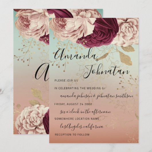 Weddenschap Monogram Florals BurgundyMarsala Roos  Kaart (Voorkant / Achterkant)