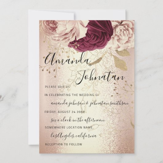 Weddenschap Monogram Florals BurgundyMarsala Roos  Kaart (Voorkant)