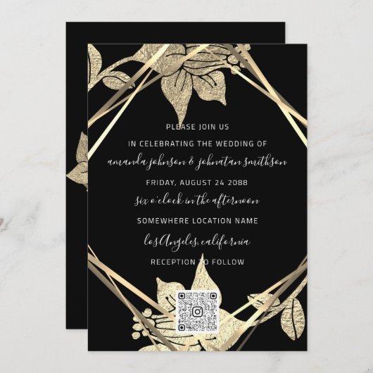 Weddenschap Monogram Florals Faux Gold Lijst QR Kaart (Voorkant / Achterkant)