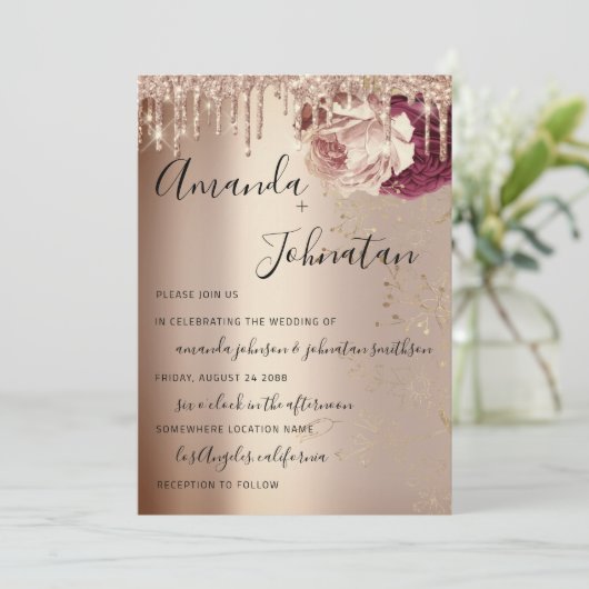 Weddenschap Monogram - Florals Marsala Roos Gold Kaart (Staand voorkant)