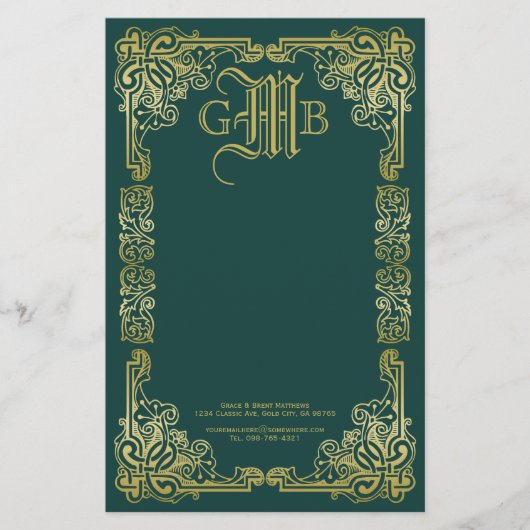 Weddenschap-monogram Klassieke Gold-Lijst Donkergr Briefpapier (Voorkant)