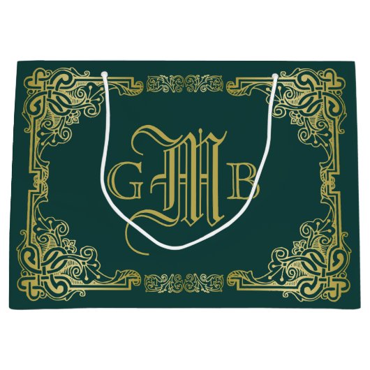 Weddenschap-monogram Klassieke Gold-Lijst Donkergr Groot Cadeauzakje (Voorkant)