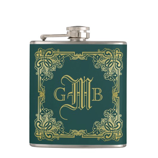 Weddenschap-monogram Klassieke Gold-Lijst Donkergr Heupfles (Voorkant)