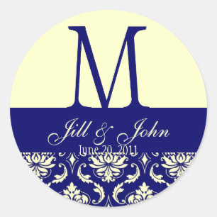 Weddenschap Monogram Namen Datum Damask Navy Cream Ronde Sticker