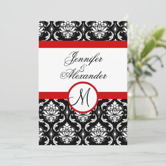 Weddenschap Monogram Red Damask Uitzicht Kaart (Staand voorkant)