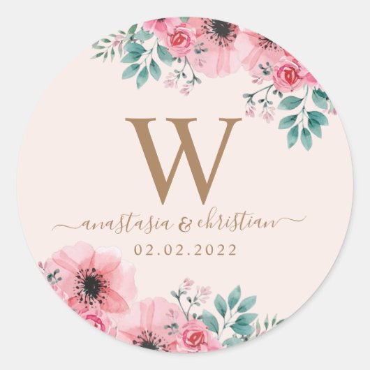 Weddenschap Monogram Roze Green Floral Bouquet Ronde Sticker (Voorkant)