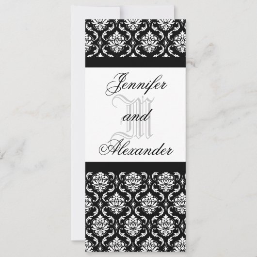 Weddenschap Monogram zwart en White Damask Invitat Kaart (Voorkant)
