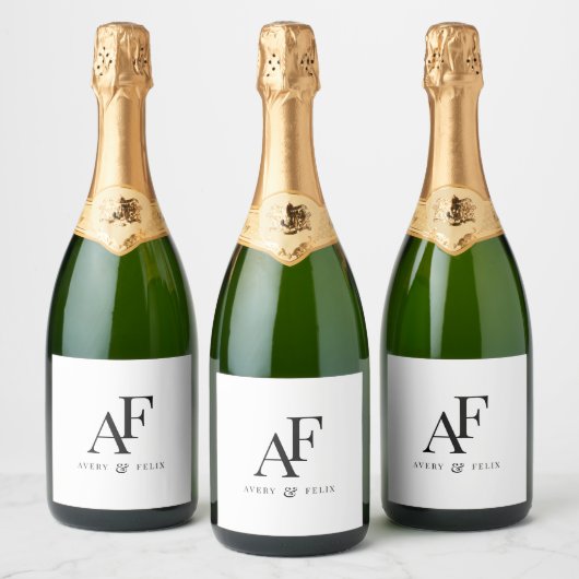Weddenschap Monogram zwart en wit, eenvoudig Sparkling Wijnetiket (Flessen)
