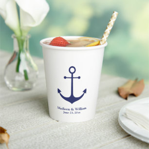 Weddenschap-nautische marineblauw-witte-ankernaamd papieren bekers