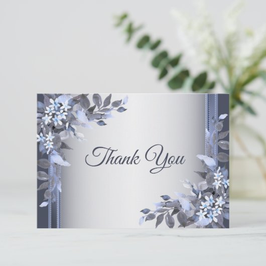 Weddenschap Navy Blue Floral Silver Elegant Bedankkaart (Staand voorkant)
