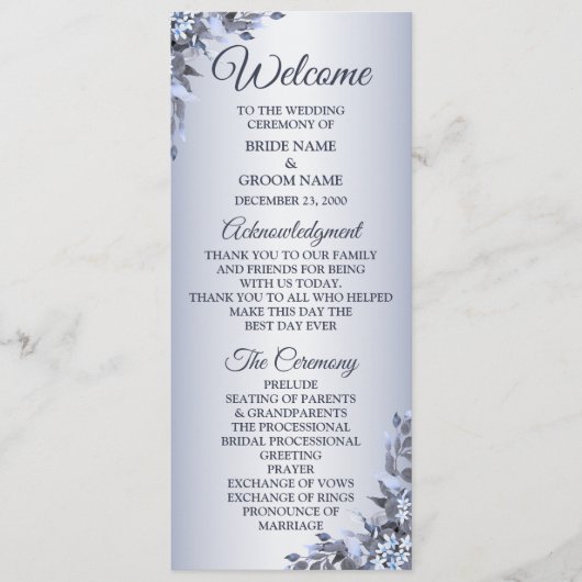 Weddenschap Navy Blue Floral Silver Elegant Welkom Programmakaart (Voorkant)