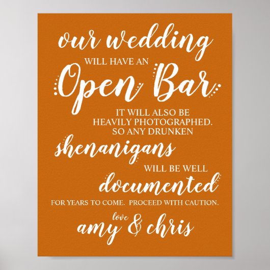 Weddenschap Open Bar Funny Drunken Shenanigans Sig Poster (Voorkant)