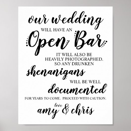 Weddenschap Open Bar Funny Drunken Shenanigans Sig Poster (Voorkant)