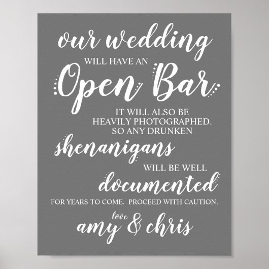 Weddenschap Open Bar Funny Drunken Shenanigans Sig Poster (Voorkant)