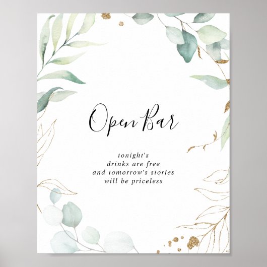 Weddenschap Open Bar Gold Eucalyptus Calligraphy S Poster (Voorkant)