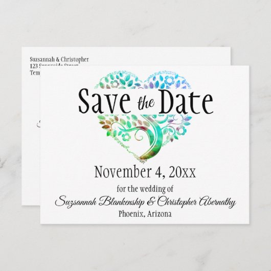 Weddenschap Opslaan Datum Aqua Blue Tree Heart Aankondigingskaart (Voorkant / Achterkant)
