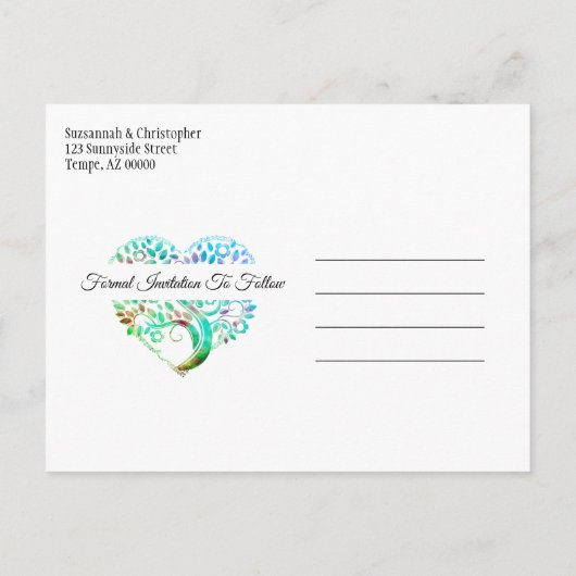 Weddenschap Opslaan Datum Aqua Blue Tree Heart Aankondigingskaart (Achterkant)