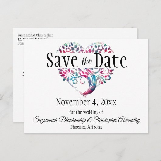 Weddenschap Opslaan Datum Aqua Blue Tree Heart Aankondigingskaart (Voorkant / Achterkant)