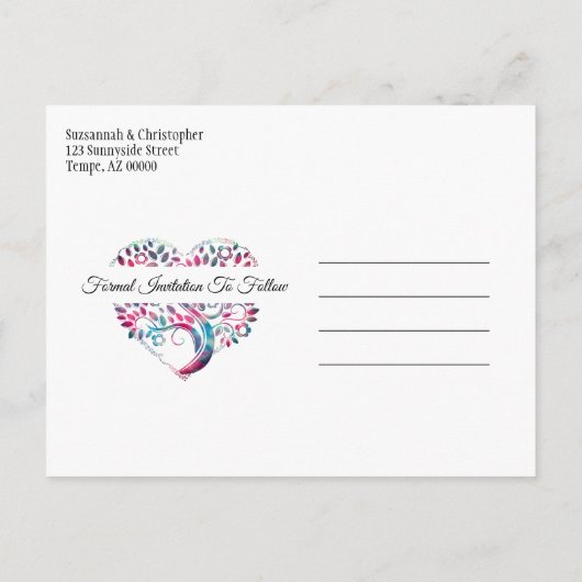 Weddenschap Opslaan Datum Aqua Blue Tree Heart Aankondigingskaart (Achterkant)