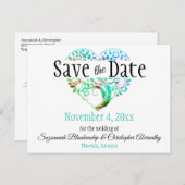 Weddenschap Opslaan Datum Aqua Blue Tree Heart Aankondigingskaart (Voorkant / Achterkant)