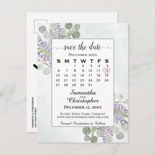 Weddenschap Opslaan Datum kalender Eucalyptus Whit Aankondigingskaart (Voorkant / Achterkant)